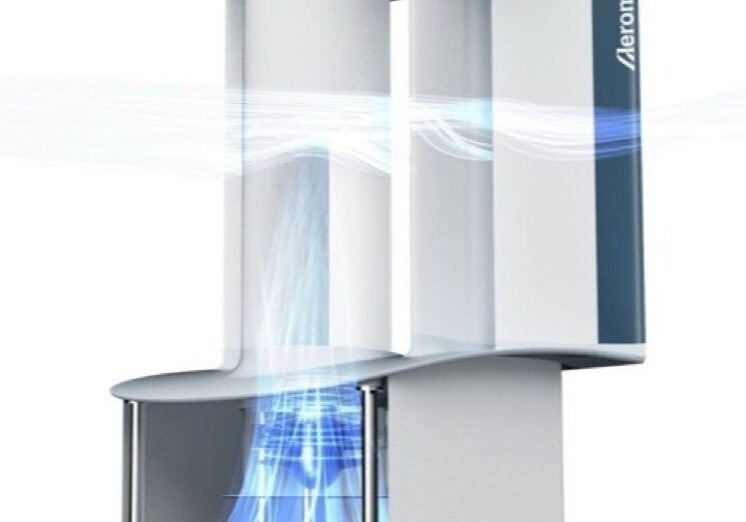 Valkoinen lavaton tuulivoimala, jossa siniset viivat havainnollistavat ilmavirran kulkua laitteen läpi